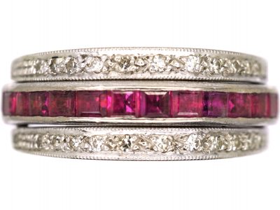 Art Deco 18ct White Gold, Sapphire, Diamond & Ruby Flip Over Ring