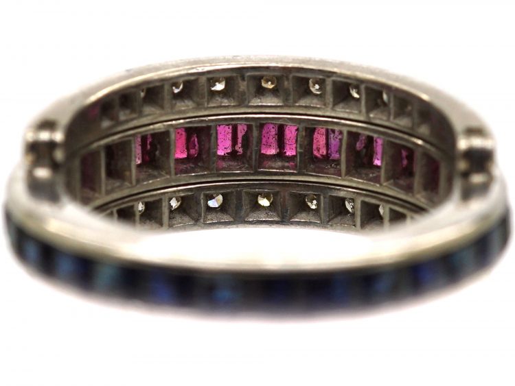 Art Deco 18ct White Gold, Sapphire, Diamond & Ruby Flip Over Ring