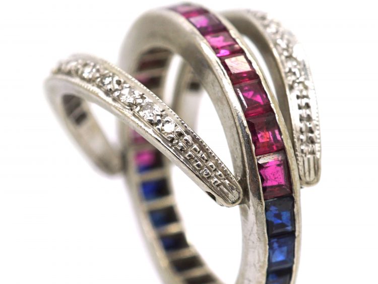 Art Deco 18ct White Gold, Sapphire, Diamond & Ruby Flip Over Ring
