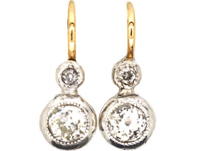 Early 20th Century 14ct Gold & Platinum, Two Stone Diamond Drop Earrings