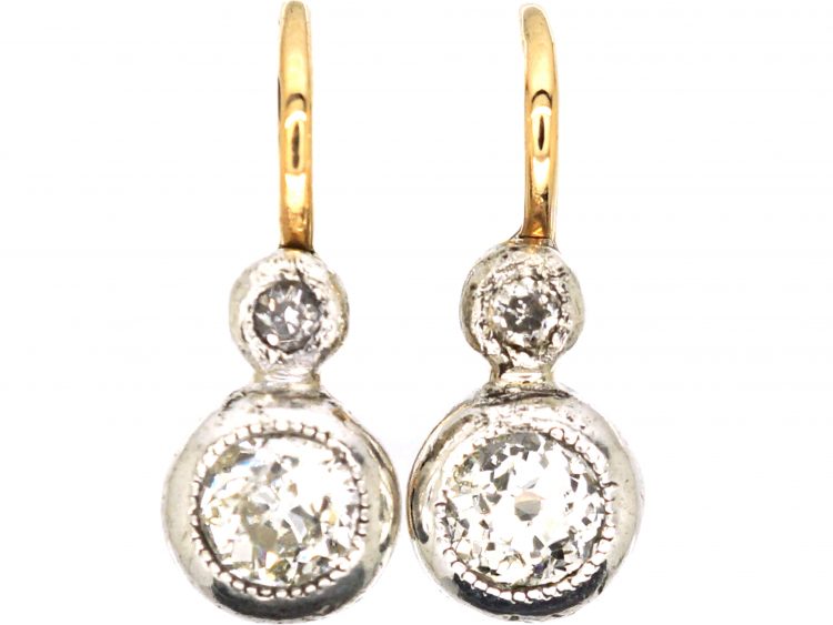 Early 20th Century 14ct Gold & Platinum, Two Stone Diamond Drop Earrings