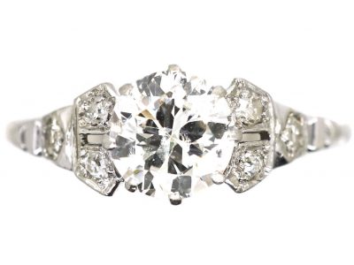 Art Deco Platinum Solitaire Diamond Ring with Diamond Set Shoulders