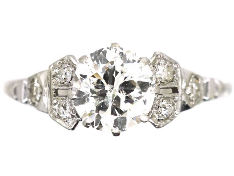 Art Deco Platinum Solitaire Diamond Ring with Diamond Set Shoulders