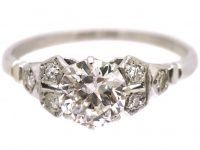 Art Deco Platinum Solitaire Diamond Ring with Diamond Set Shoulders