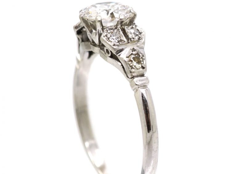 Art Deco Platinum Solitaire Diamond Ring with Diamond Set Shoulders