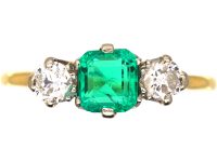 Edwardian 18ct Gold, Emerald & Diamond Three Stone Ring