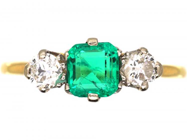 Edwardian 18ct Gold, Emerald & Diamond Three Stone Ring