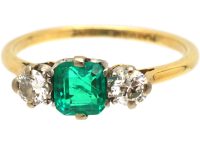 Edwardian 18ct Gold, Emerald & Diamond Three Stone Ring