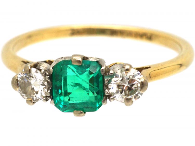 Edwardian 18ct Gold, Emerald & Diamond Three Stone Ring