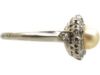 French Early 20th Century Platinum, Diamond & Natural Pearl Cluster Ring