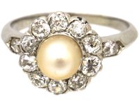 French Early 20th Century Platinum, Diamond & Natural Pearl Cluster Ring
