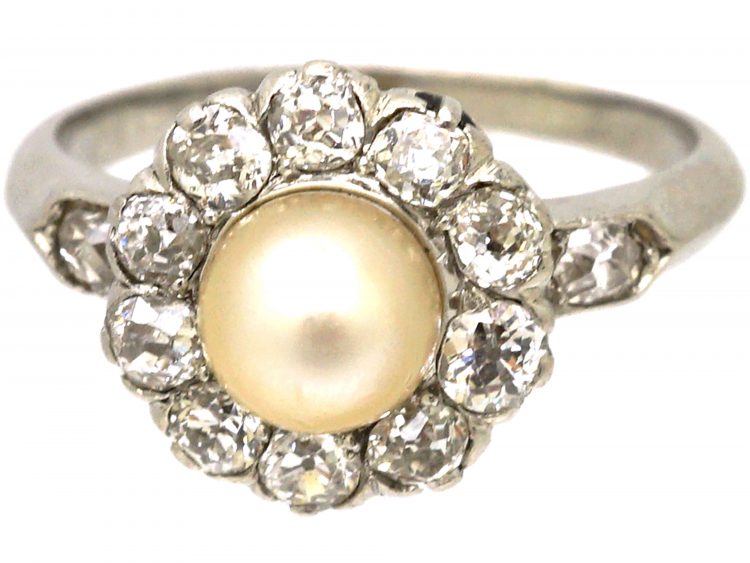 French Early 20th Century Platinum, Diamond & Natural Pearl Cluster Ring