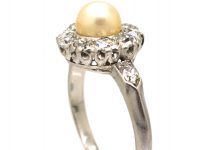 French Early 20th Century Platinum, Diamond & Natural Pearl Cluster Ring