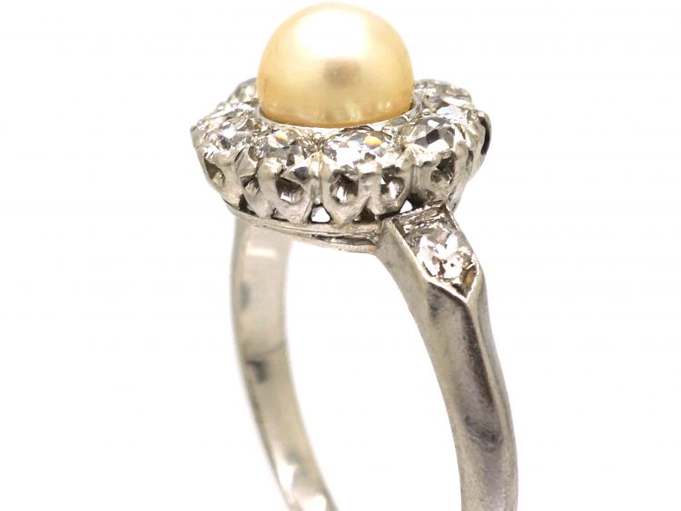 French Early 20th Century Platinum, Diamond & Natural Pearl Cluster Ring