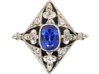 Edwardian Platinum Diamond Shaped Gothic Ring set with Diamonds & a Sapphire
