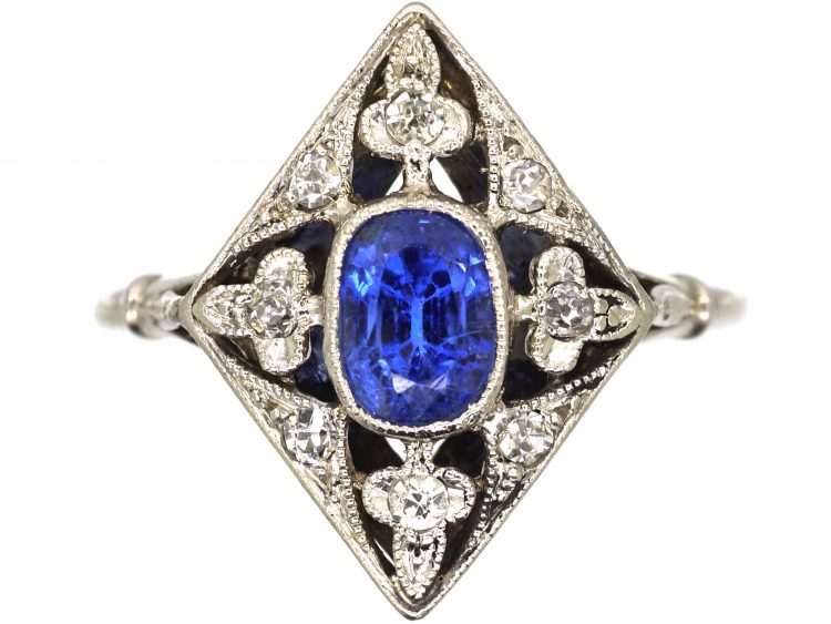Edwardian Platinum Diamond Shaped Gothic Ring set with Diamonds & a Sapphire