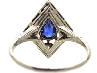Edwardian Platinum Diamond Shaped Gothic Ring set with Diamonds & a Sapphire