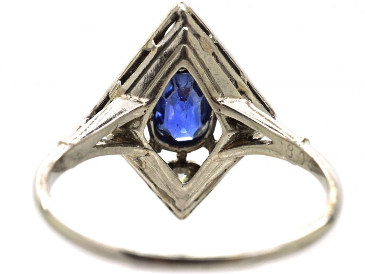 Edwardian Platinum Diamond Shaped Gothic Ring set with Diamonds & a Sapphire