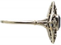 Edwardian Platinum Diamond Shaped Gothic Ring set with Diamonds & a Sapphire