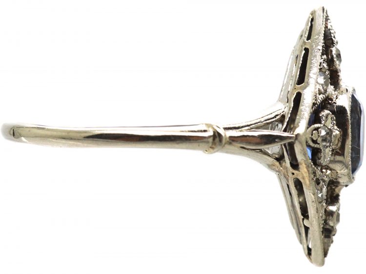 Edwardian Platinum Diamond Shaped Gothic Ring set with Diamonds & a Sapphire