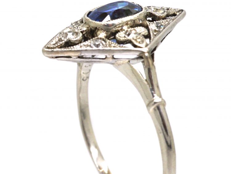 Edwardian Platinum Diamond Shaped Gothic Ring set with Diamonds & a Sapphire