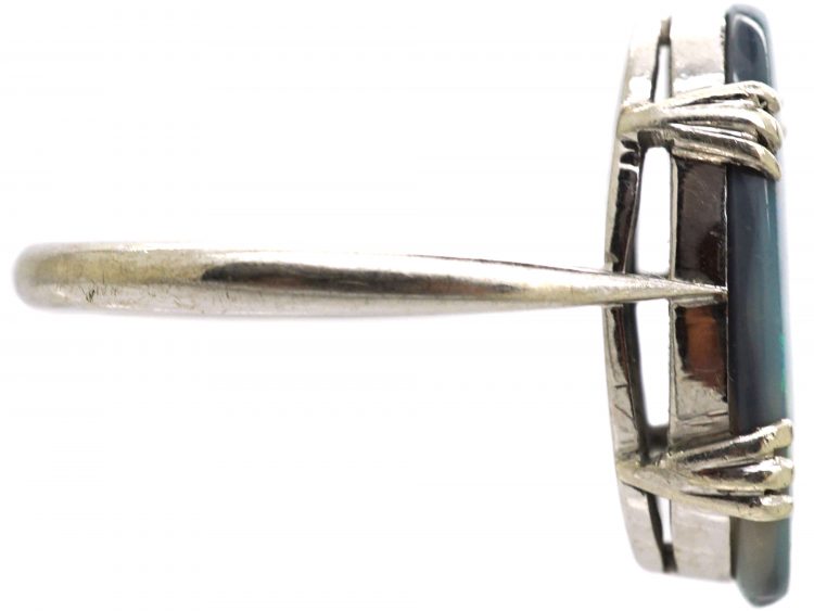 Art Deco 18ct White Gold Ring set with a Large Black Opal