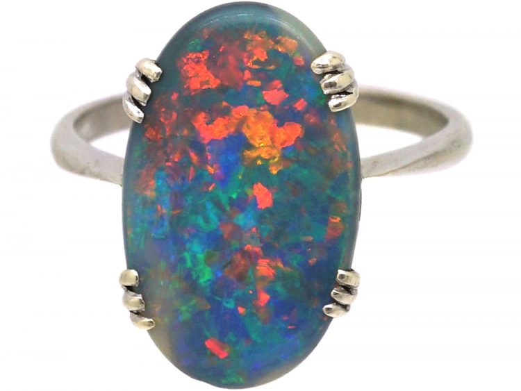 Art Deco 18ct White Gold Ring set with a Large Black Opal