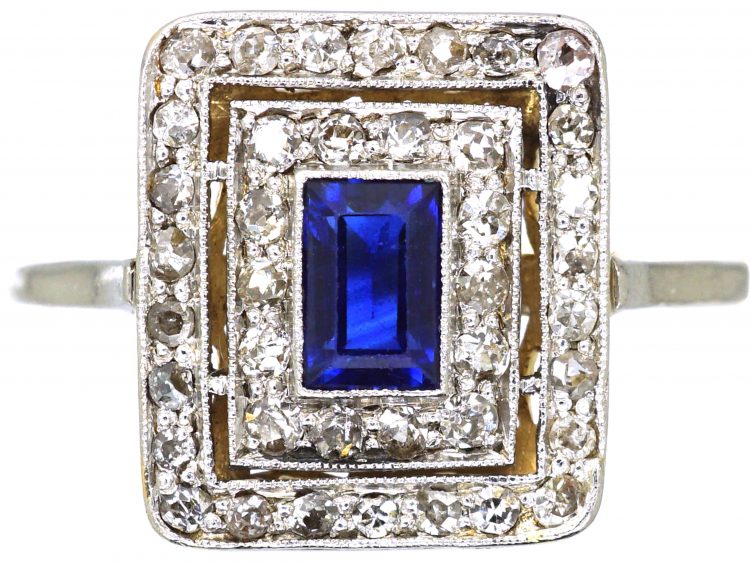 Early 20th Century 18ct Gold & Platinum Rectangular Ring set a Sapphire & Diamonds