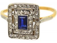Early 20th Century 18ct Gold & Platinum Rectangular Ring set a Sapphire & Diamonds