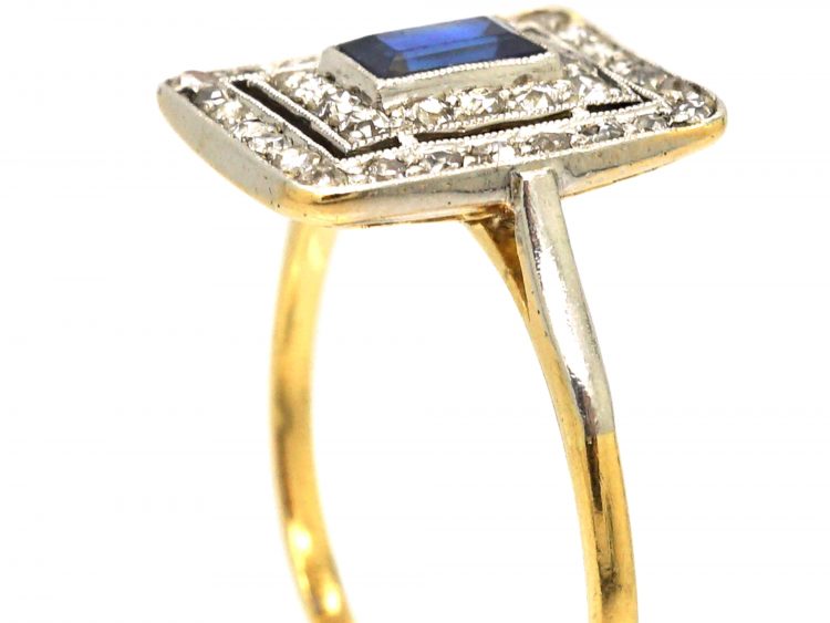 Early 20th Century 18ct Gold & Platinum Rectangular Ring set a Sapphire & Diamonds