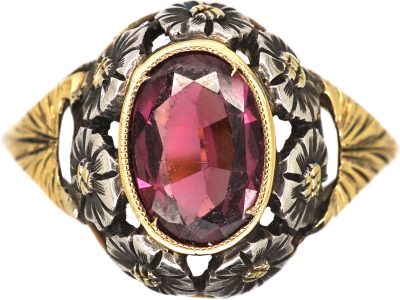 Art Nouveau 18ct Gold & Silver Flower Motif Ring set with a Garnet