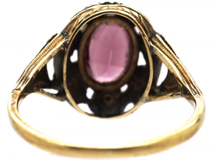 Art Nouveau 18ct Gold & Silver Flower Motif Ring set with a Garnet