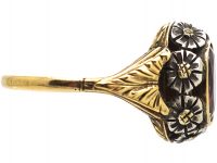 Art Nouveau 18ct Gold & Silver Flower Motif Ring set with a Garnet
