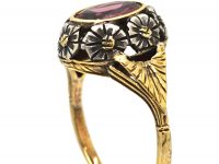 Art Nouveau 18ct Gold & Silver Flower Motif Ring set with a Garnet