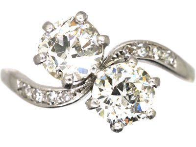 Edwardian Platinum, Two Stone Diamond Crossover Ring with Diamond Set Shoulders