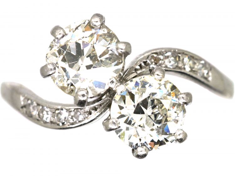 Edwardian Platinum, Two Stone Diamond Crossover Ring with Diamond Set Shoulders