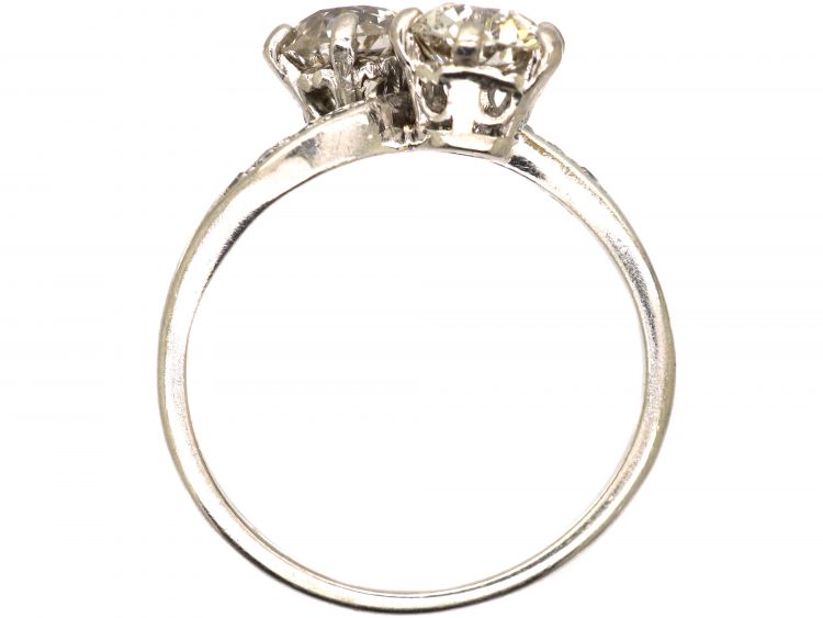 Edwardian Platinum, Two Stone Diamond Crossover Ring with Diamond Set Shoulders
