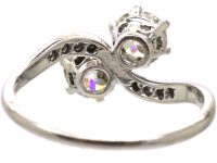 Edwardian Platinum, Two Stone Diamond Crossover Ring with Diamond Set Shoulders