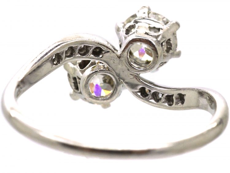 Edwardian Platinum, Two Stone Diamond Crossover Ring with Diamond Set Shoulders