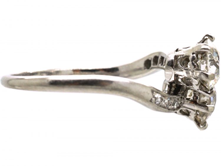 Edwardian Platinum, Two Stone Diamond Crossover Ring with Diamond Set Shoulders