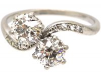 Edwardian Platinum, Two Stone Diamond Crossover Ring with Diamond Set Shoulders