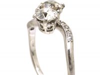 Edwardian Platinum, Two Stone Diamond Crossover Ring with Diamond Set Shoulders