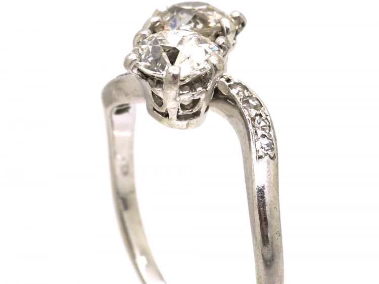 Edwardian Platinum, Two Stone Diamond Crossover Ring with Diamond Set Shoulders
