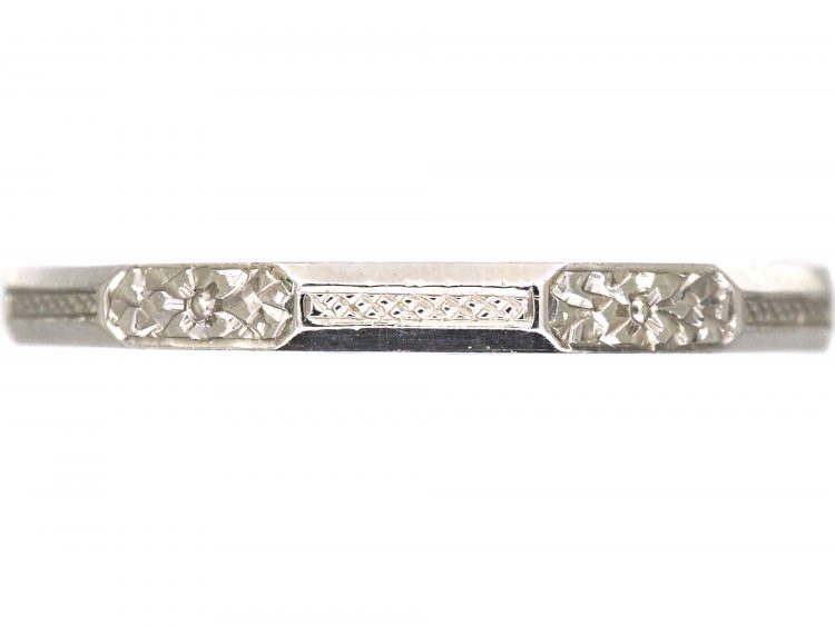 Art Deco Platinum Wedding Ring with Engraved Orange Blossom Detail