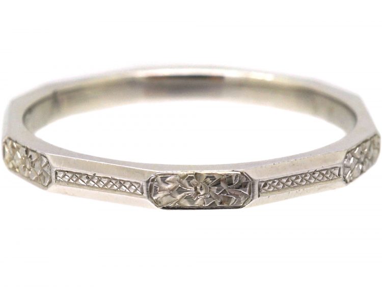 Art Deco Platinum Wedding Ring with Engraved Orange Blossom Detail