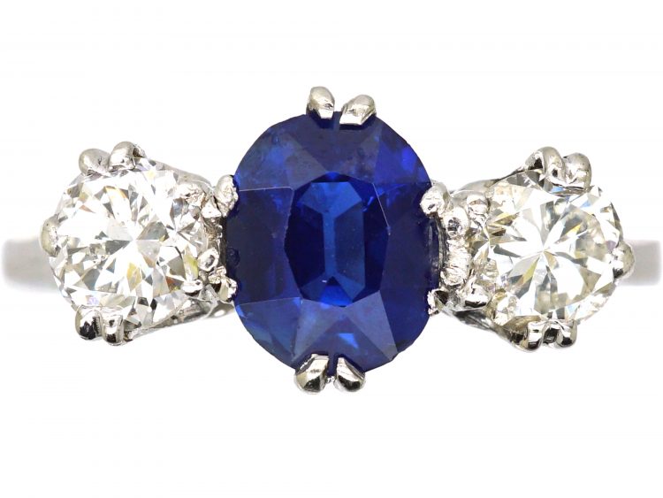 Early 20th Century Platinum, Sapphire & Diamond Three Stone Ring