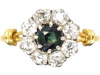 Edwardian 18ct Gold & Platinum, Green Sapphire & Diamond Cluster Ring