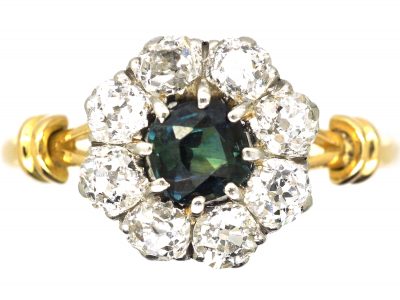 Edwardian 18ct Gold & Platinum, Green Sapphire & Diamond Cluster Ring