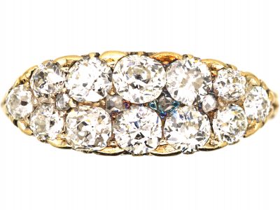 Victorian 18ct Gold Boat Shaped Carved Half Hoop Ring set with Two Rows of Diamonds