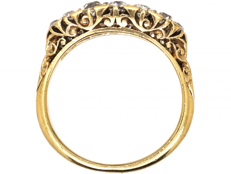 Victorian 18ct Gold Boat Shaped Carved Half Hoop Ring set with Two Rows of Diamonds